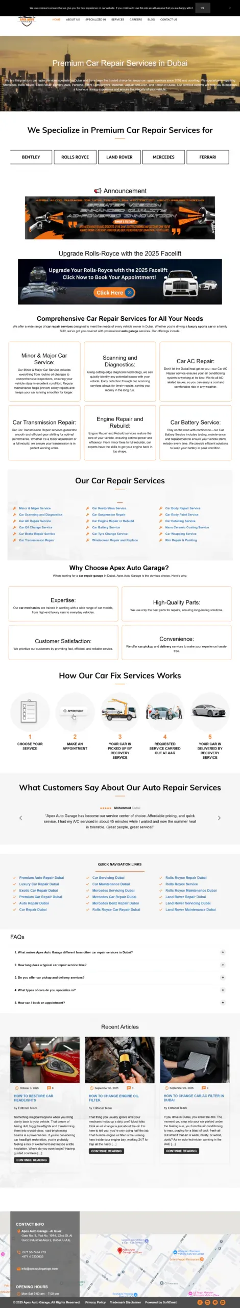 Full-page Apex Auto Garage website design
